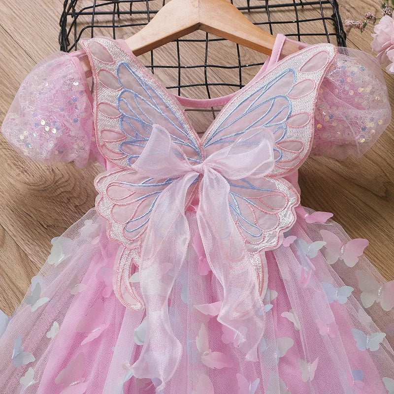 Girls' Summer Butterfly Wings Fairy Tulle Dress with Puff Sleeves for Birthday Parties