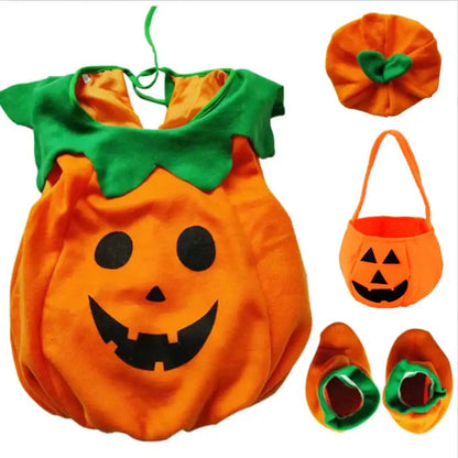 Adorable Kids Pumpkin Costume Set with Top Hat and Tote Bag for Halloween Fun