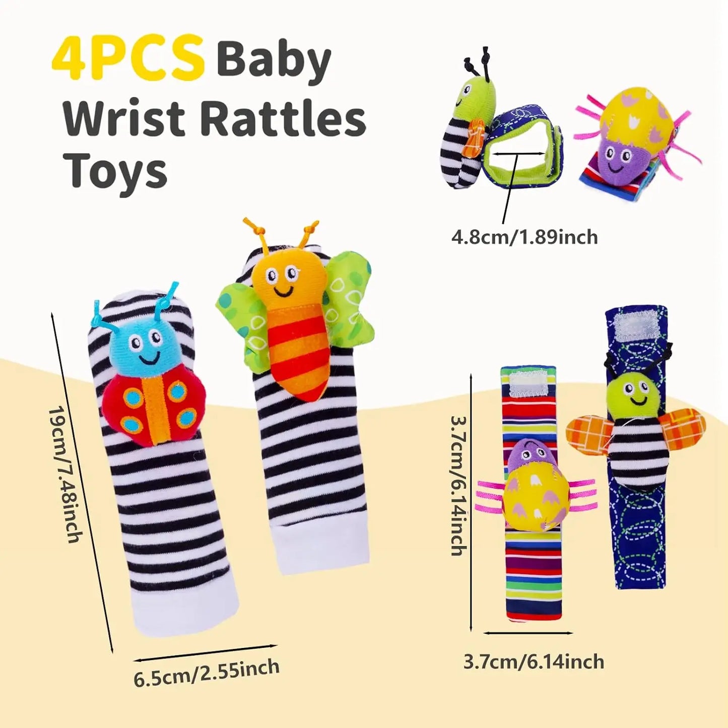 Soft Plush Baby Rattle Set for Newborns - 4 Animal Wrist and Foot Toys for Developmental Play
