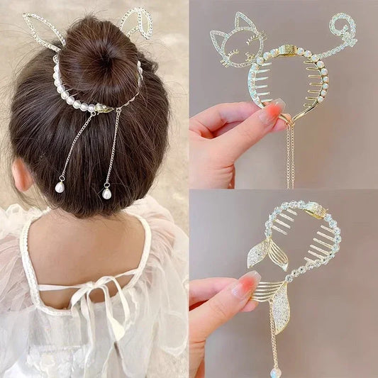 Whimsical Angel Wing Animal Ears Hair Clip with Tassel and Pearl Accents for Kids and Women