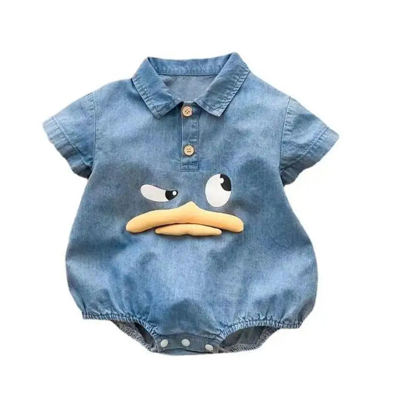 Adorable Cartoon Duck Denim One-Piece Romper for Newborns and Toddlers - Summer Baby Jumpsuit for Boys and Girls