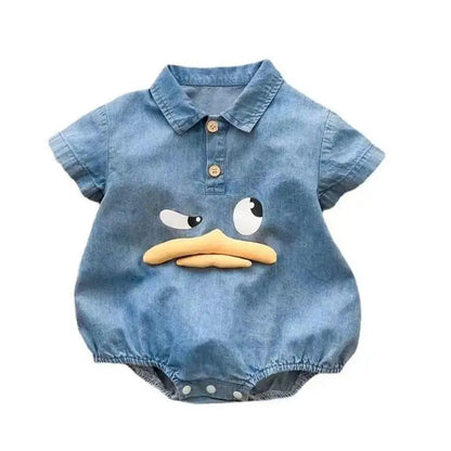Adorable Cartoon Duck Denim One-Piece Romper for Newborns and Toddlers - Summer Baby Jumpsuit for Boys and Girls