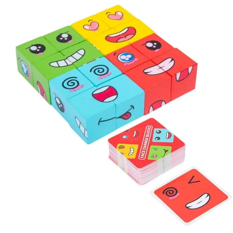 Wooden Expression Matching Puzzle Cube - Educational Building Blocks Game for Kids Aged 4-12