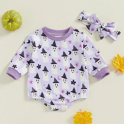 Adorable Baby Girl Halloween Ghost Print Long Sleeve Romper with Headband - Newborn Jumpsuit Outfit