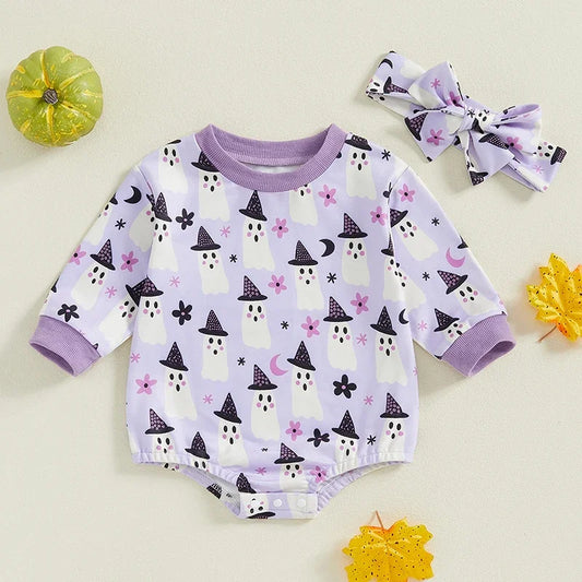 Adorable Baby Girl Halloween Ghost Print Long Sleeve Romper with Headband - Newborn Jumpsuit Outfit