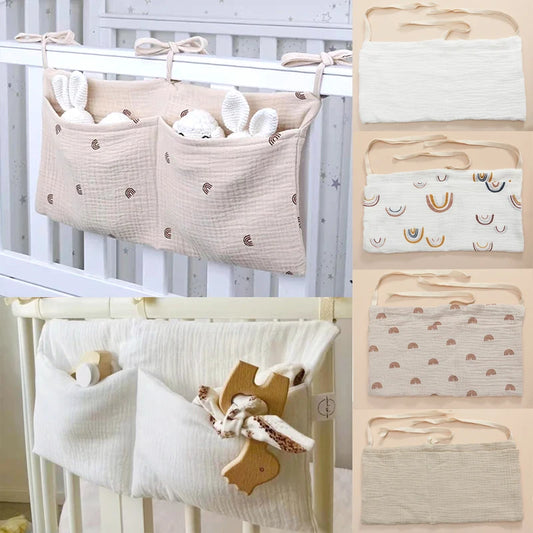 Large Multifunctional Cotton Baby Crib Organizer - 39x20cm Storage Bag for Diapers and Essentials