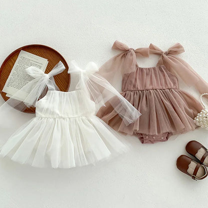 Sleeveless Summer Tutu Romper with Bows for Baby Girls - Lace Princess Jumpsuit for Newborn Photography