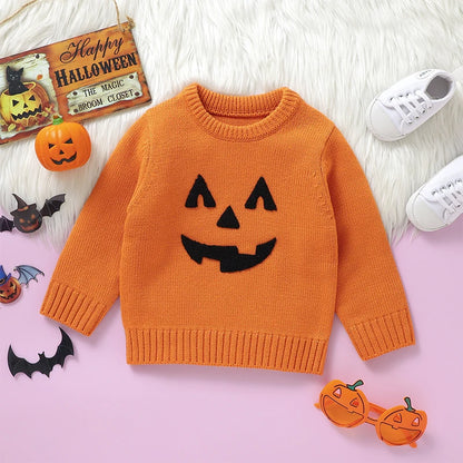 Unisex Toddler Halloween Knit Sweater featuring Witch and Pumpkin Design