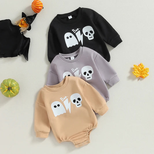 Adorable Halloween Ghost Skull Print Bodysuit for Baby Girls and Boys - Long Sleeve Autumn Jumpsuit