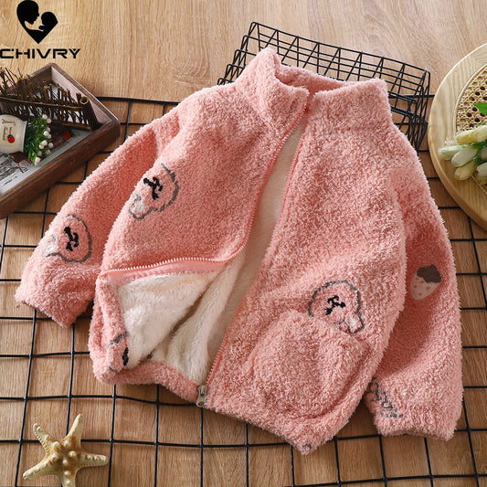 Adorable 2023 Kids Winter Flannel Jacket for Boys and Girls - Cute Cartoon Stand Collar Zipper Coat