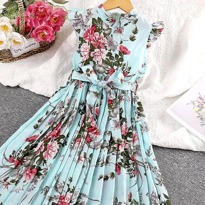 2023 Summer Floral Print A-Line Beach Dress for Girls with Flying Sleeves and Round Neck