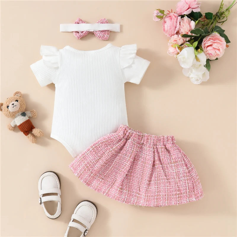 Adorable Baby Girls 3-Piece Skirt Set with Bear Embroidery Romper, Bow Mini Skirt, and Headband for Summer