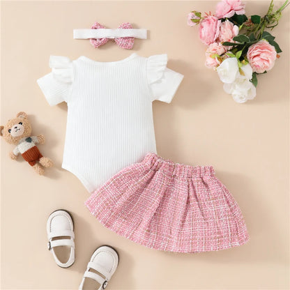 Adorable Baby Girls 3-Piece Skirt Set with Bear Embroidery Romper, Bow Mini Skirt, and Headband for Summer
