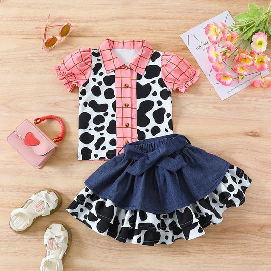 Toddler Girls Summer Outfit Set: Short Sleeve Cow Print Top with Denim Skirt