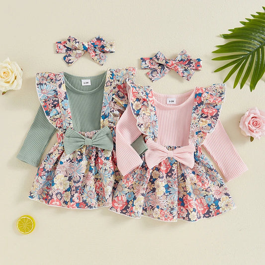 Adorable 3-Piece Infant Girls Autumn Outfit Set with Ruffled Romper, Floral Bow Skirt, and Matching Hair Band