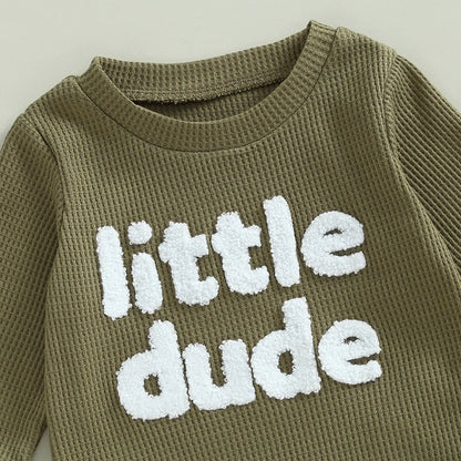 Unisex Baby Waffle Outfit Set with Letter Embroidery - Long Sleeve Sweatshirt and Elastic Waist Pants for Newborns