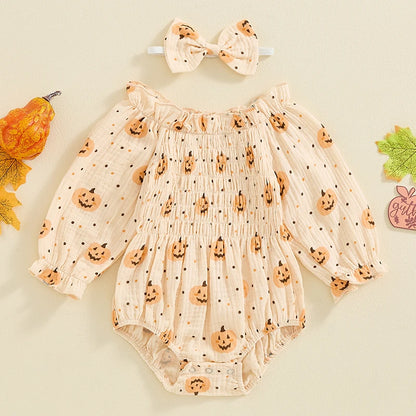 Adorable Baby Girls Pumpkin Print Halloween Ruffle Collar Romper with Matching Headband