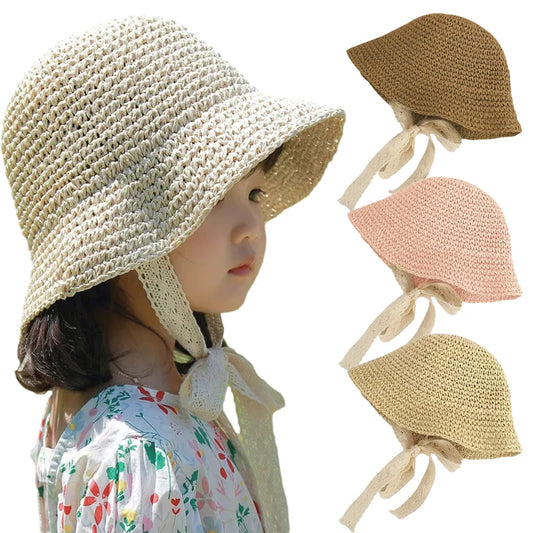Adjustable Summer Straw Bucket Hat for Kids - Windproof Lace Travel Accessory for Boys and Girls (Ages 2-6)