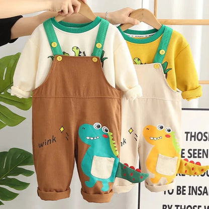 Adorable 2023 Autumn Baby Boys Cartoon Dinosaur Long Sleeve Rompers and Sweatshirt Set