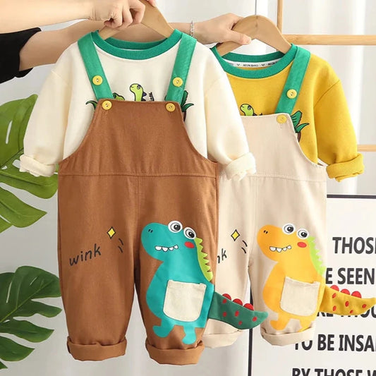 Adorable 2023 Autumn Baby Boys Cartoon Dinosaur Long Sleeve Rompers and Sweatshirt Set