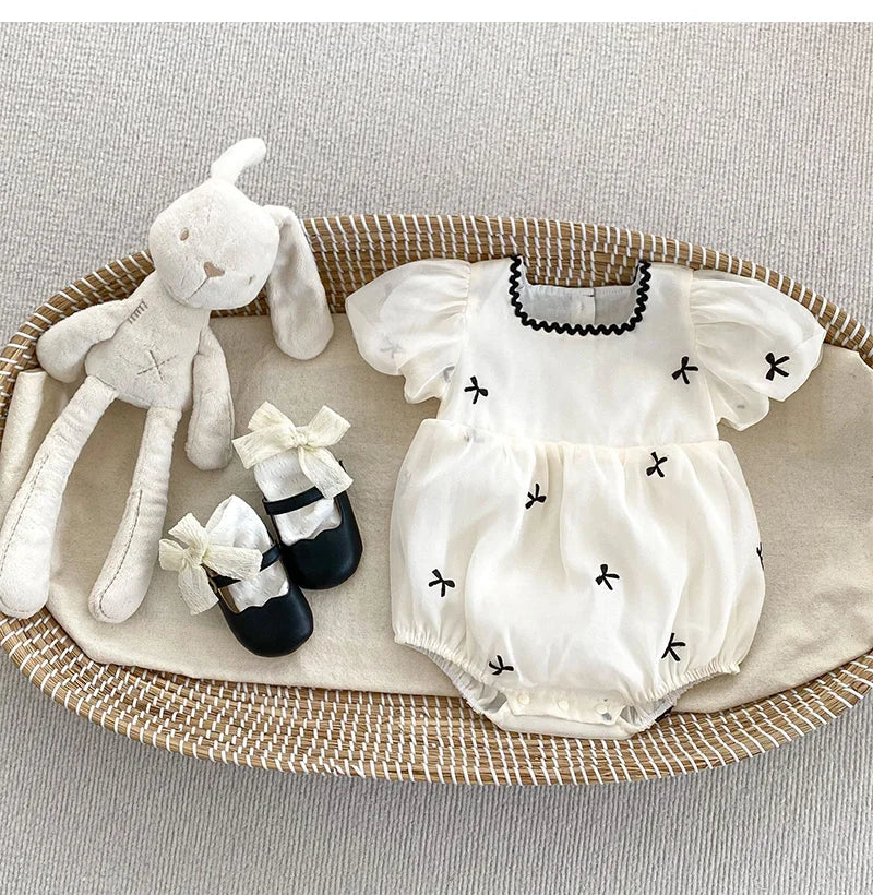 Summer Sisters Infant Bow Puff Sleeve Dress - Breathable Newborn Romper for Girls, Perfect for Summer Gifts