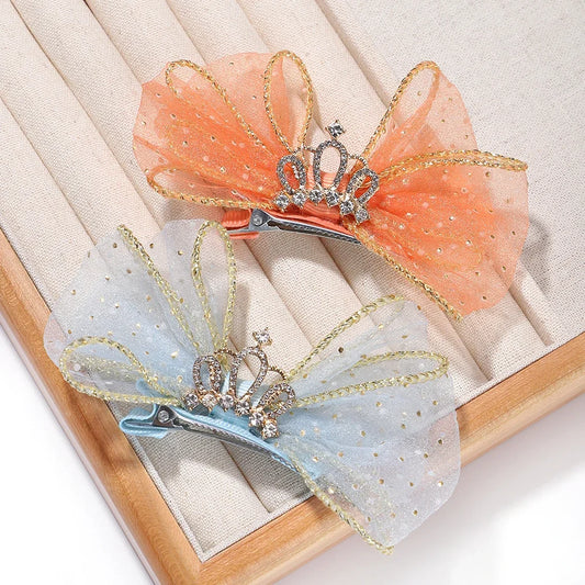 Set of 2 Organza Bow Hair Clips with Zircon Crown for Baby Girls - Cute Hairpins and Barrettes Accessories
