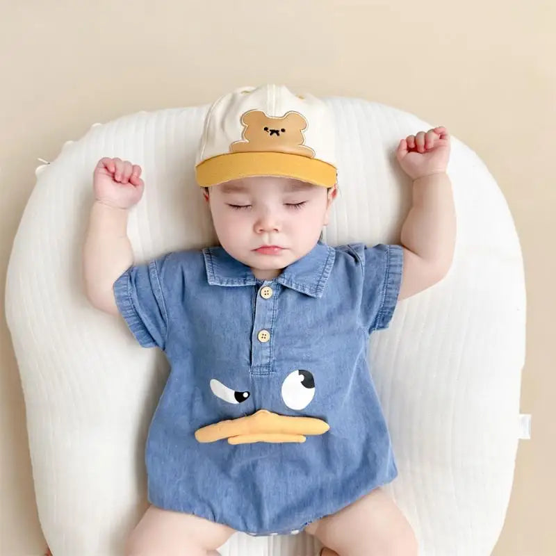 Adorable Cartoon Duck Denim One-Piece Romper for Newborns and Toddlers - Summer Baby Jumpsuit for Boys and Girls