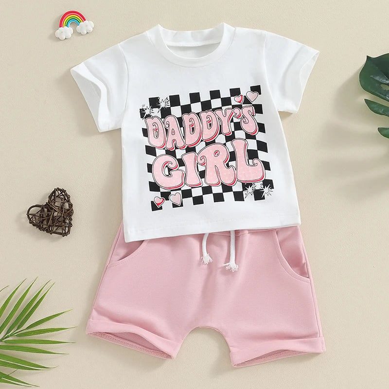 Toddler Summer Outfit Set for Baby Girls - Letter Print T-Shirt and Elastic Waist Shorts