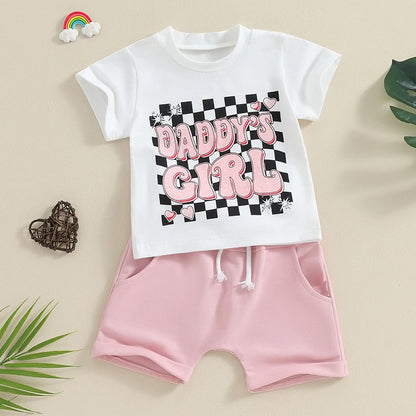 Toddler Summer Outfit Set for Baby Girls - Letter Print T-Shirt and Elastic Waist Shorts