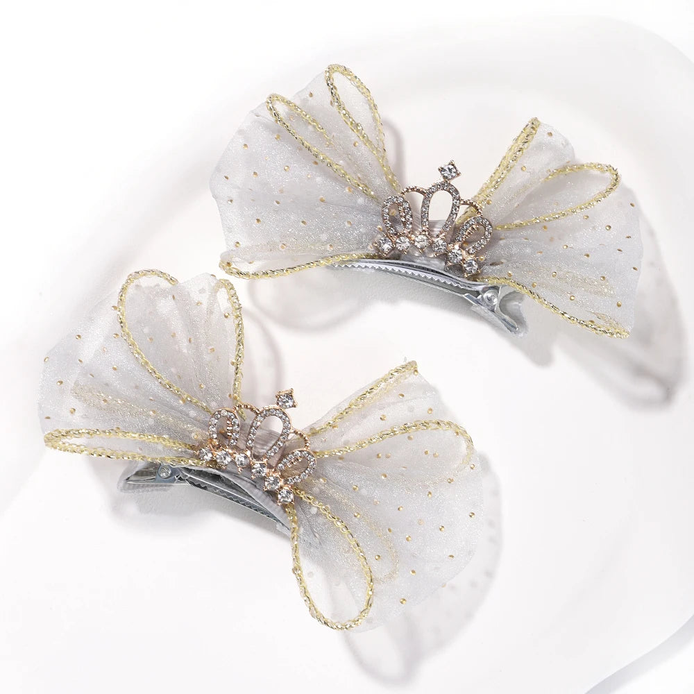 Set of 2 Organza Bow Hair Clips with Zircon Crown for Baby Girls - Cute Hairpins and Barrettes Accessories