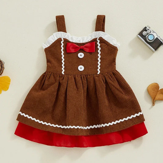 Adorable A-Line Dress for Baby Girls with Gingerbread Man Patch and Ruffled Bow - Perfect for Christmas Parties