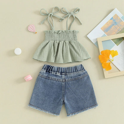 Summer Casual 2-Piece Outfit for Baby Girls: Sleeveless Camisole and Ripped Denim Shorts Set