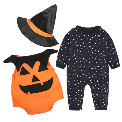 Toddler Halloween Devil Striped Jumpsuit & Hat 3-Piece Costume Set - Bat, Vampire, Pumpkin Designs