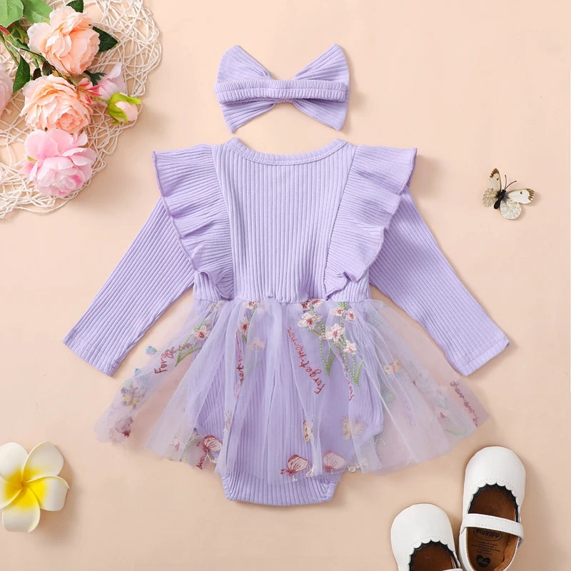 Adorable Baby Girls Floral Ruffled Long Sleeve Romper Dress with Headband Set for Newborns