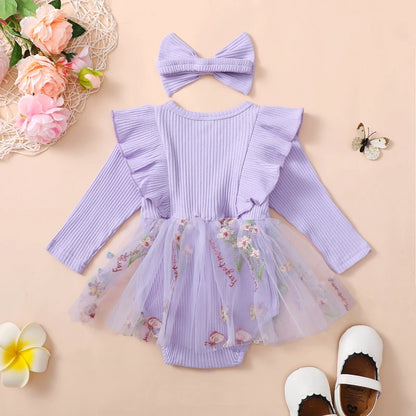 Adorable Baby Girls Floral Ruffled Long Sleeve Romper Dress with Headband Set for Newborns
