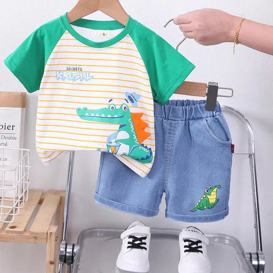 Adorable 2023 Summer Cartoon Crocodile T-Shirt and Denim Shorts Set for Baby Boys