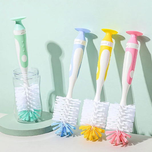 Dual-Function Nylon Baby Bottle and Nipple Cleaning Brush Set with Suction Stand