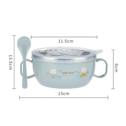 Cartoon-Printed Stainless Steel Insulated Baby Feeding Bowl Set with Spoon - BPA Free, 300ml