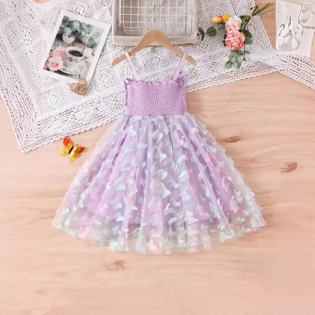 Girls' Summer Sleeveless Tulle Dress with Butterfly Wings - Adorable Princess Gown for Kids' Birthday Parties