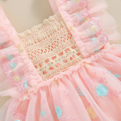 Adorable Summer Baby Girl Floral Embroidery Romper Dress with Headband - Princess Mesh Jumpsuit for Infants