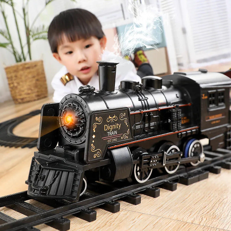 Remote Control Kids Electric Train Set with Sound, Light, Smoke Effects, and Tracks