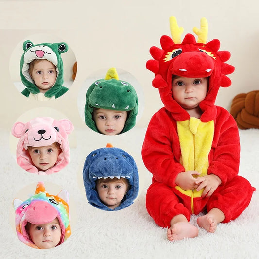 Adorable Flannel Hooded Baby Rompers - Winter Jumpsuits for Boys and Girls Featuring Dragon, Unicorn, and Frog Designs