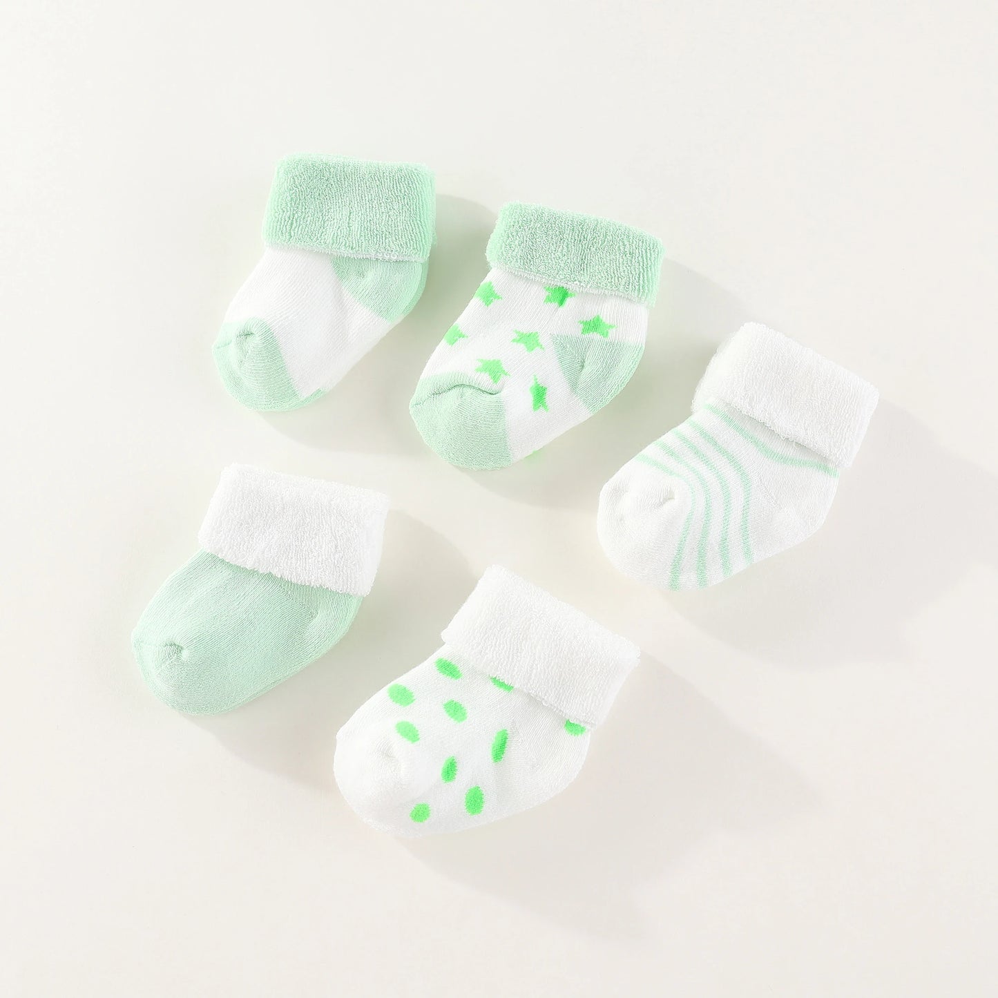 Unisex 5-Pack Cotton Baby Socks for Infants - Solid Colors & Star Patterns 0-12M