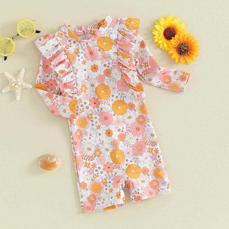 Toddler Girls' Summer Floral Ruffle One-Piece Swimsuit with Long Sleeves and Jumpsuit Style