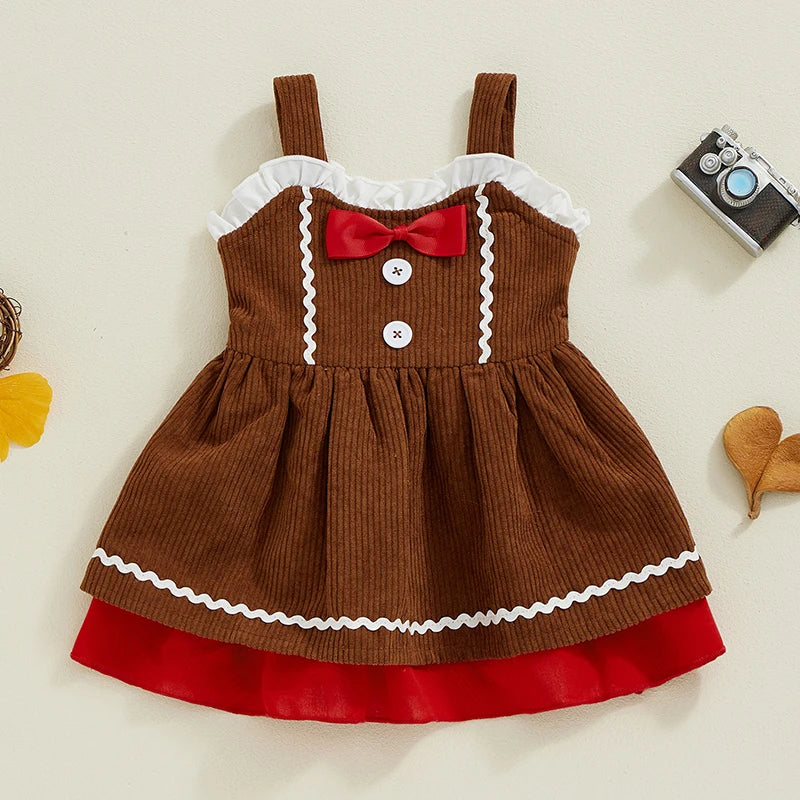 Adorable A-Line Dress for Baby Girls with Gingerbread Man Patch and Ruffled Bow - Perfect for Christmas Parties