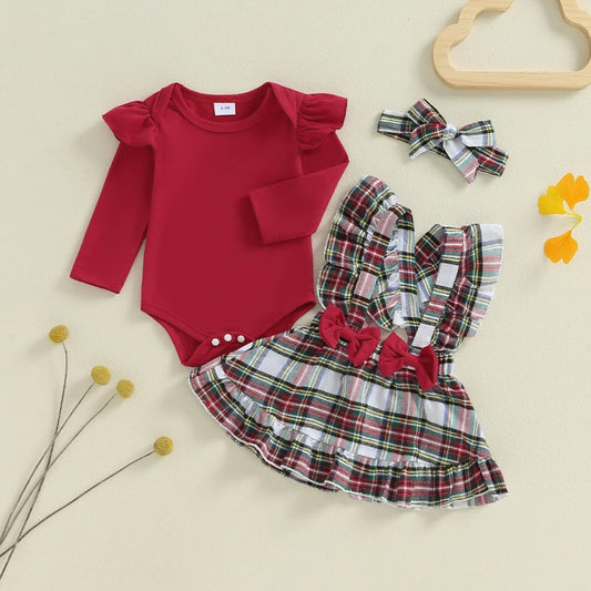 Adorable Baby Girls 3-Piece Christmas Outfit Set with Flying Sleeve Romper, Plaid Suspender Skirt, and Matching Headband