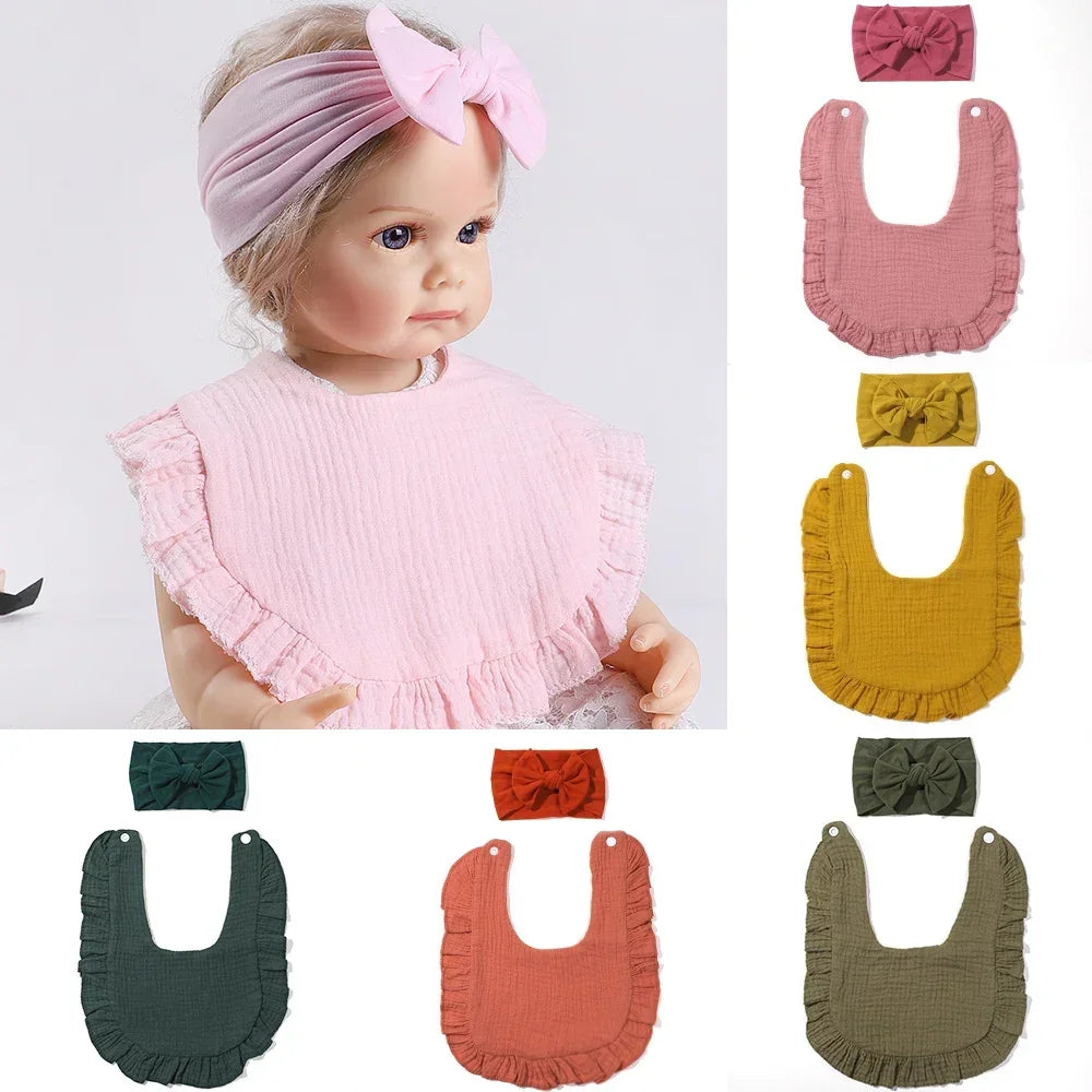 Toddler Ruffled Edge Turban Set with Big Bow - 2Pcs Solid Color Headbands for Newborns and Toddlers