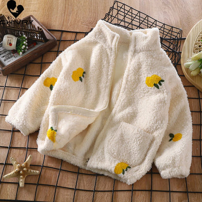 Adorable 2023 Kids Winter Flannel Jacket for Boys and Girls - Cute Cartoon Stand Collar Zipper Coat