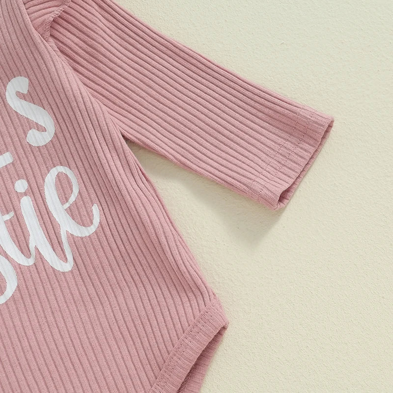 Adorable Baby Girls Ribbed 3-Piece Set with Letter Print Romper, Long Trousers, and Matching Hair Band
