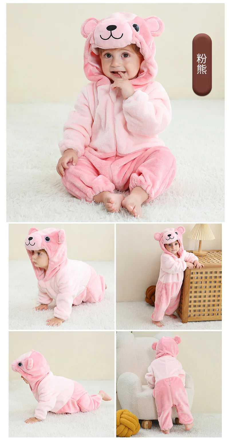 Adorable Flannel Hooded Baby Rompers - Winter Jumpsuits for Boys and Girls Featuring Dragon, Unicorn, and Frog Designs